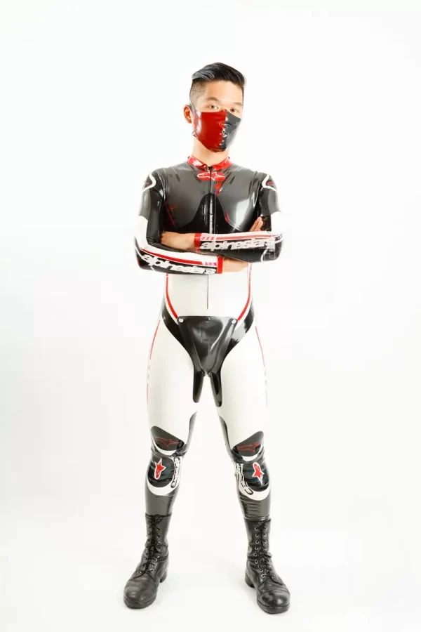 Latex Mens Brand Name MotoGP Biker Catsuit with Codpiece