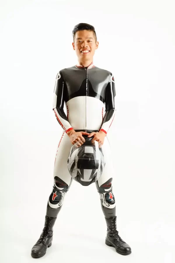 Latex Mens Brand Name MotoGP Biker Catsuit with Codpiece