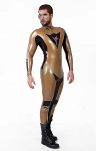 Latex Mens Metallic Gold & Black Brand Name MotoGP Biker Suit Catsuit