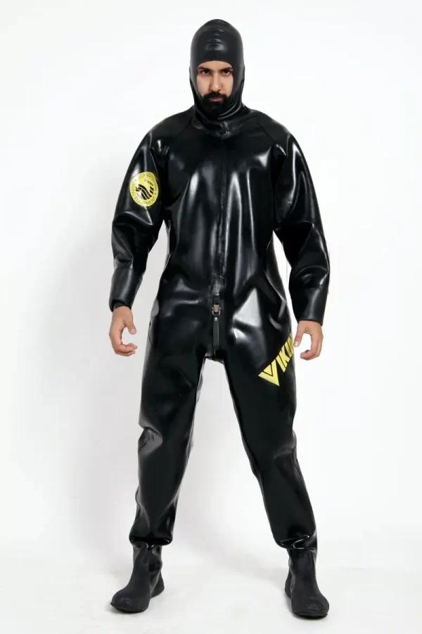 Latex Mens Heavy Duty Brand Name Hooded Drysuit Diving Suit Catsuit