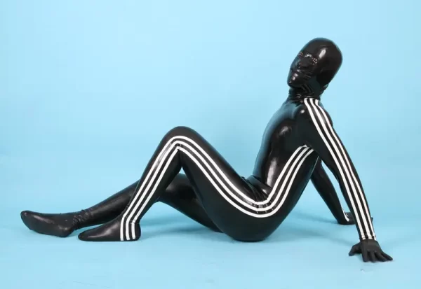 Latex Mens 3-Striped Catsuit With Gloves & Feet