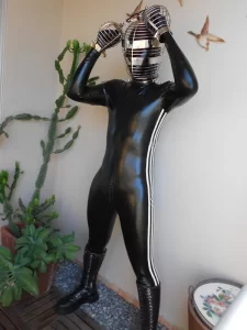 Latex Mens 3-Striped Catsuit With Gloves & Feet
