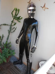 Latex Mens 3-Striped Catsuit With Gloves & Feet