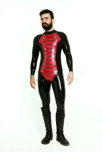 Latex Mens Blazing Buttons Military Style Catsuit