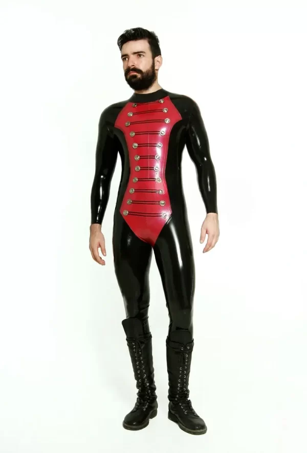 Latex Mens Blazing Buttons Military Style Catsuit