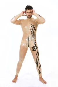 Latex Mens Tattoo Transparent Neck Entry Catsuit