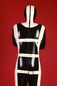 Latex Mens Strapped In Gimp Catsuit